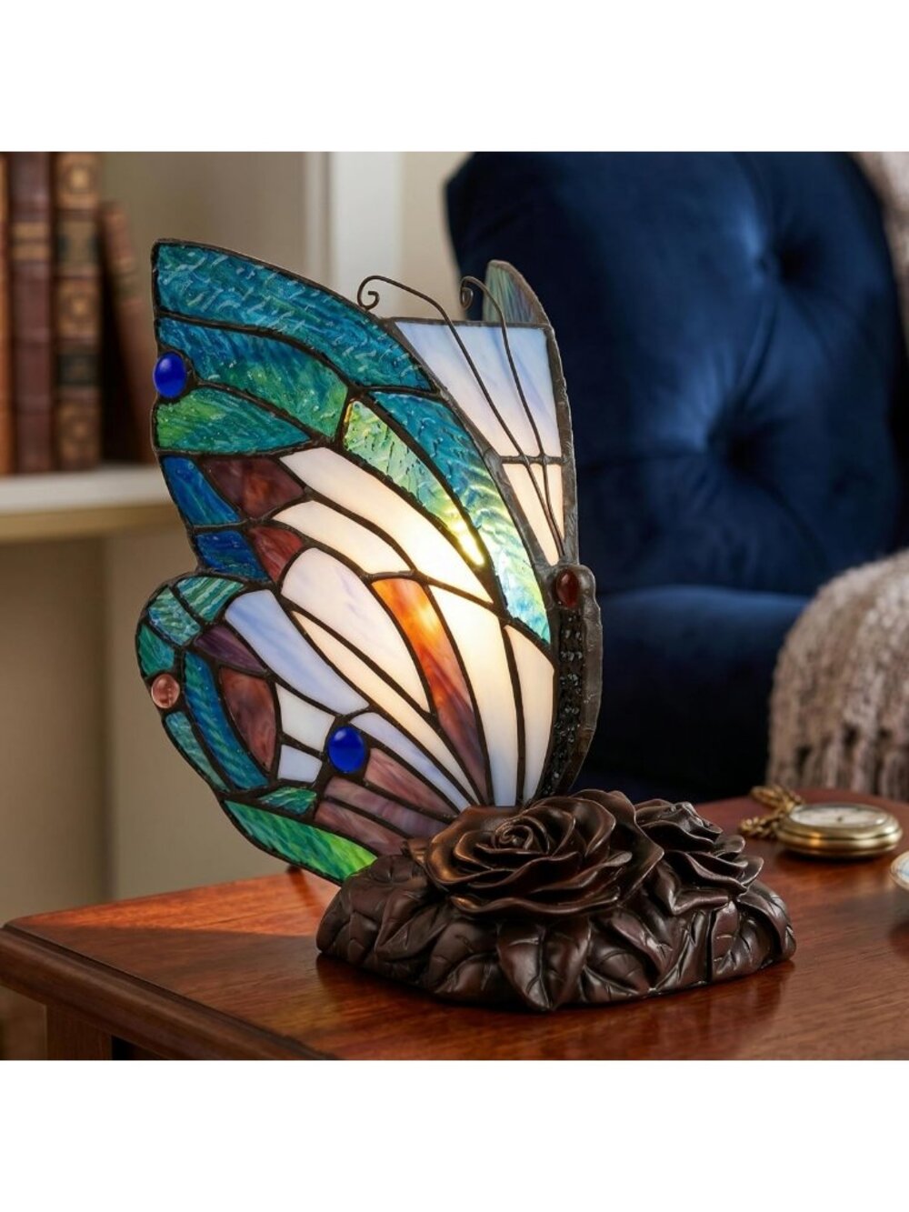 Elegant Tiffany Style Table Lamp - Butterfly Stained Glass Shade, Home Decor